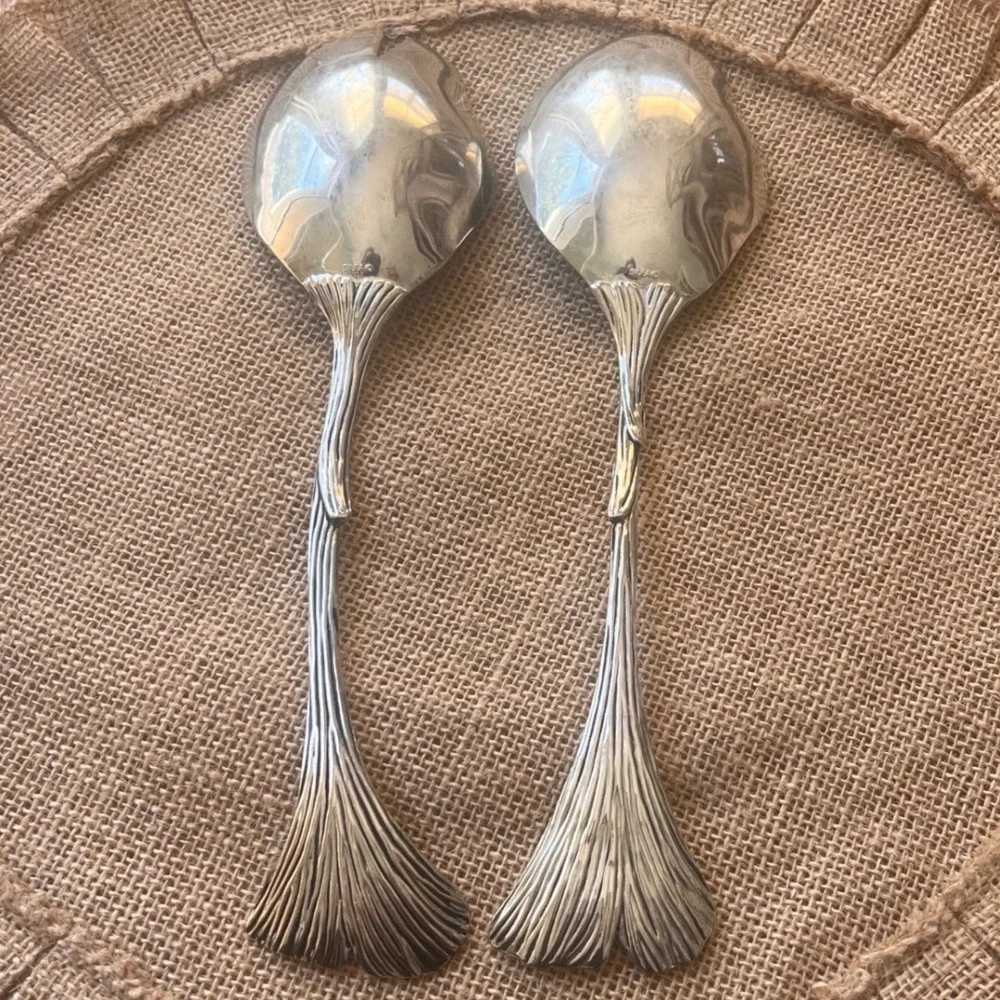 Silea Silver Plated Ginkgo Leaf Salad Servers Set 2 Piece Botanical Design